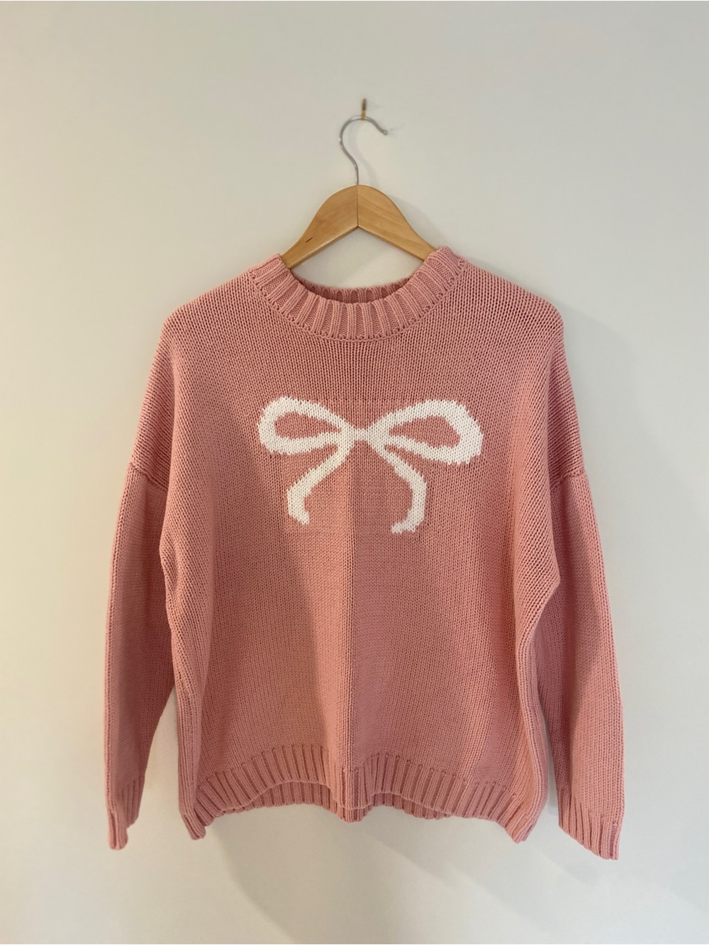 Feminine / Girlcore Pink Knit Bow Sweater, M
